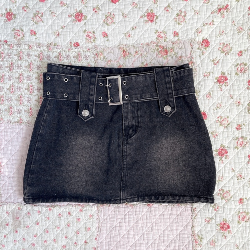 Belted black denim mini skirt